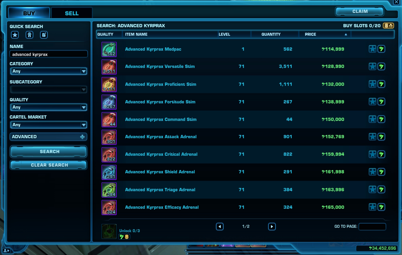 A screenshot showing sale prices of Biochem items on the Galactic Trade Network.