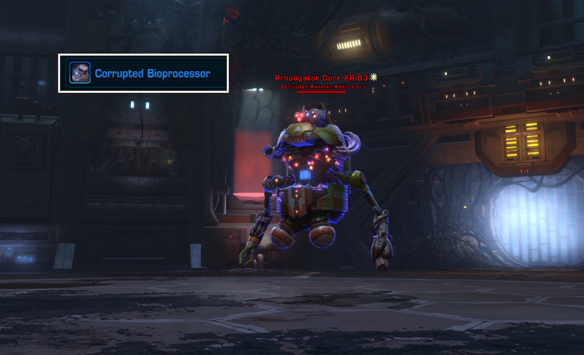 A screenshot showing the appearance of the XR-53 lair boss and Corrupted Bioprocessor reward.