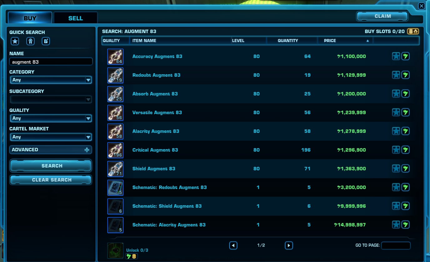 A screenshot showing sale prices of Item Rating 296 Augments on the Galactic Trade Network.