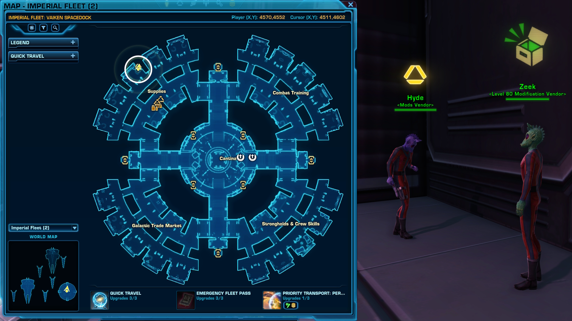 Screenshot showing the world map location of Hyde and Zeek in the Supplies section of the Fleet, as well as their in-game character models.