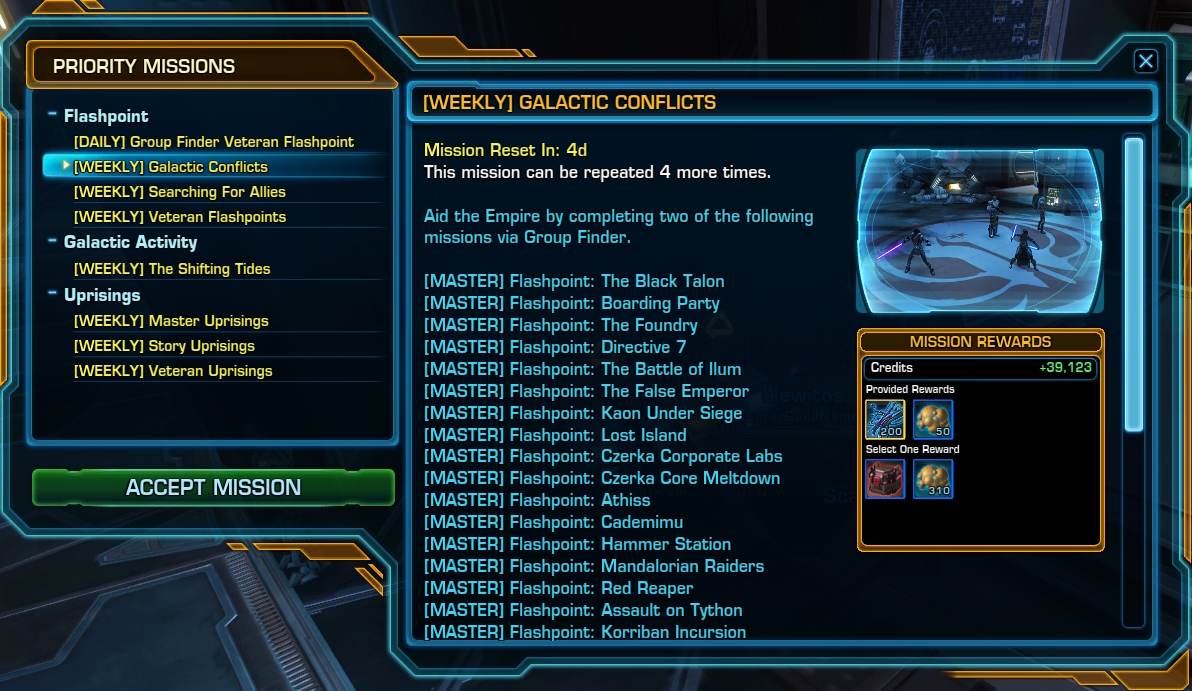 Screenshot showing the location of the Weekly Galactic Conflicts quest reward.
